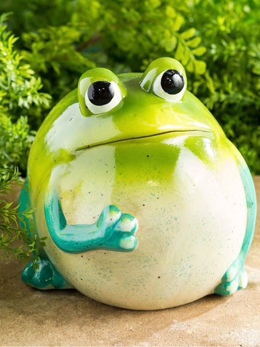 Ceramic Big Belly Frog Statue Hand Painted Green and White 8 in H